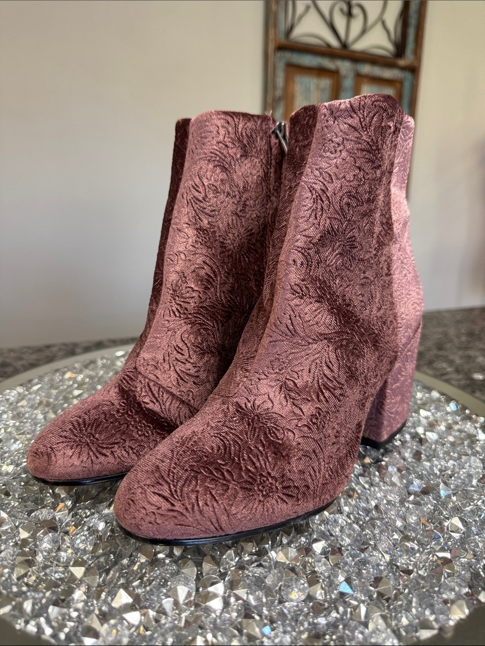 Sam Edelman Velvet Embossed Ankle Boots - Rose NEW 6